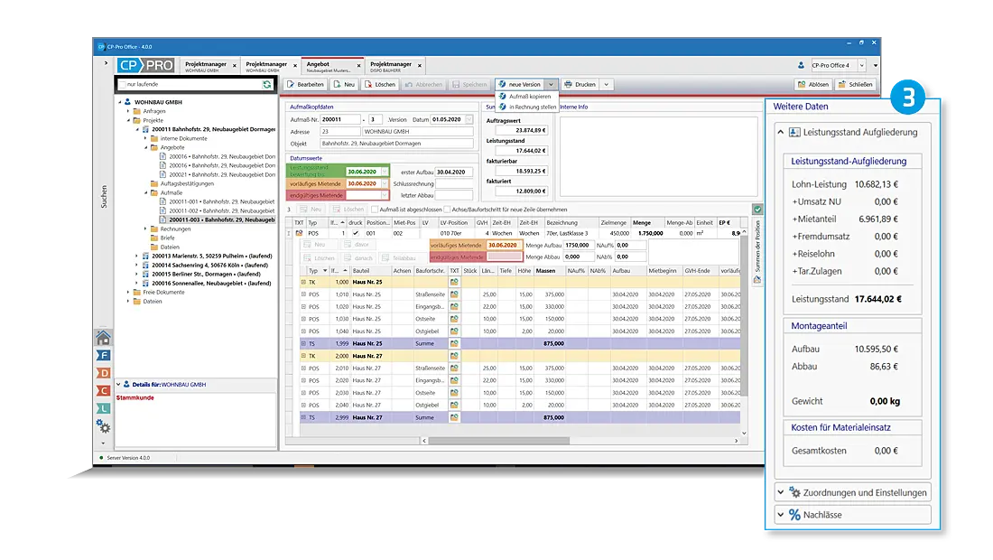 Screenshot einer Bauprojekt-Software mit Angebots- und Leistungsstanddaten sowie Kostenübersicht