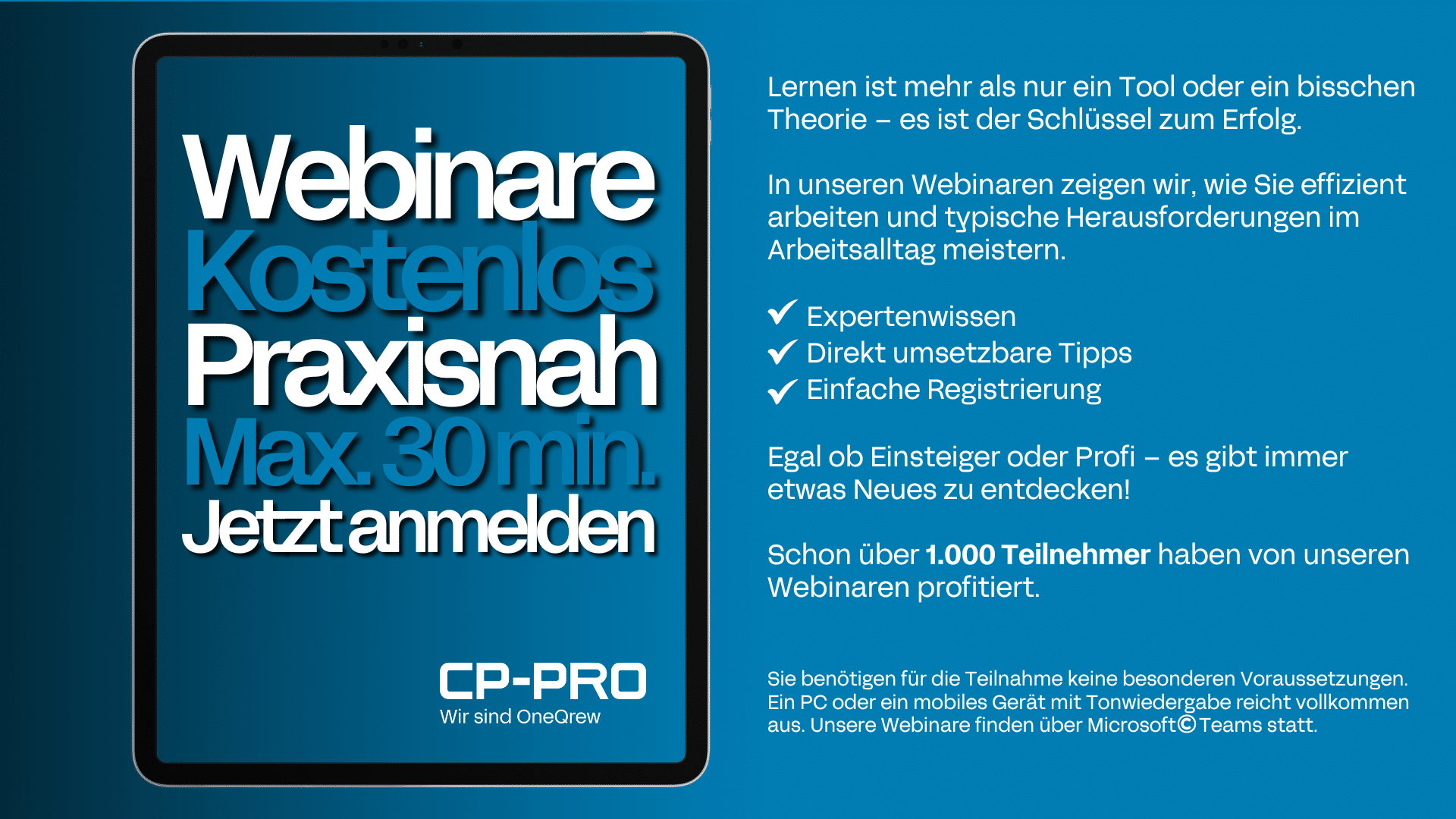 Kostenloses, praxisnahes Webinar, max. 30 Min. – jetzt anmelden