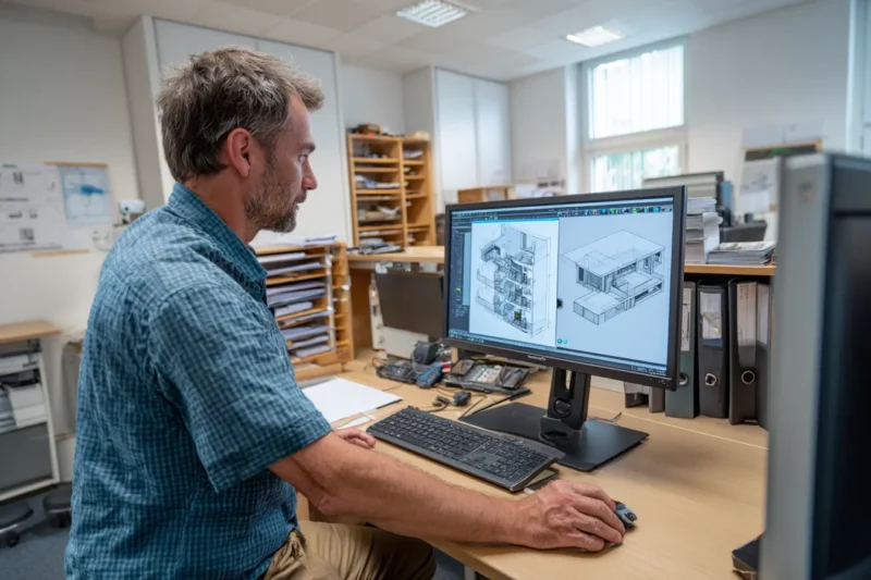 Ein Mann arbeitet an einem Computer mit Architekturzeichnungen auf dem Bildschirm
