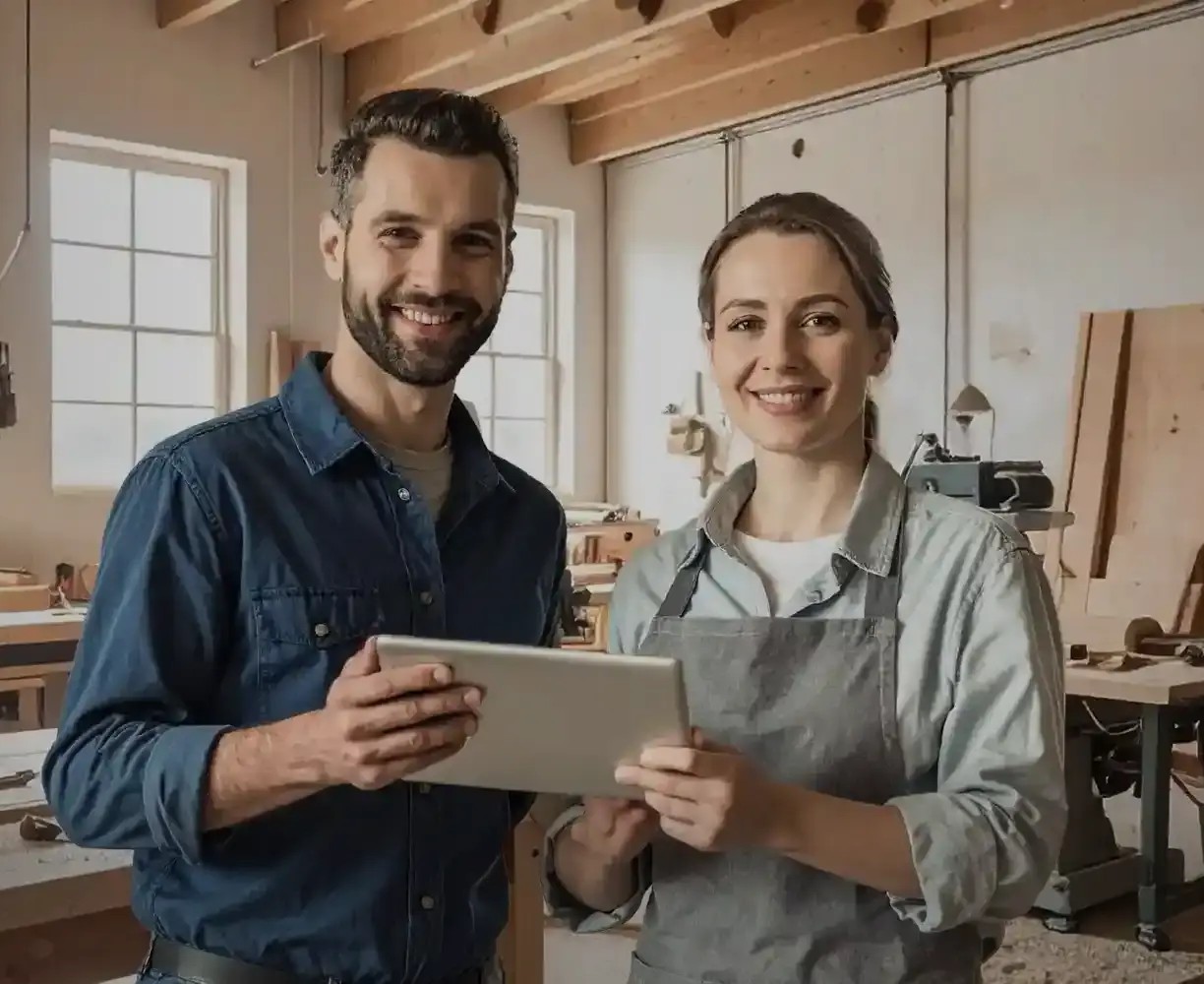 Zwei Personen in einer Werkstatt halten gemeinsam ein Tablet