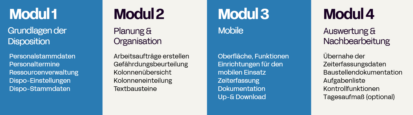 Übersicht der Module 1 bis 4 mit Themen und Funktionen: Grundlagen, Planung, Mobile und Auswertung