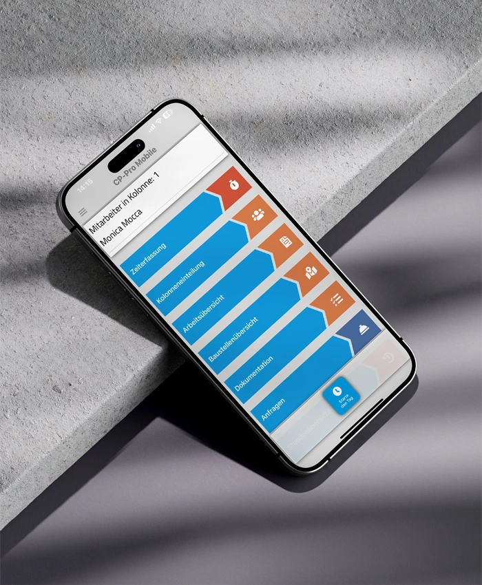 Startbildschirm der CP-Pro-Mobile-App mit Modulen für Zeiterfassung, Kolonneneinteilung, Arbeitsübersicht, Baustellenübersicht, Dokumentation und Anfragen